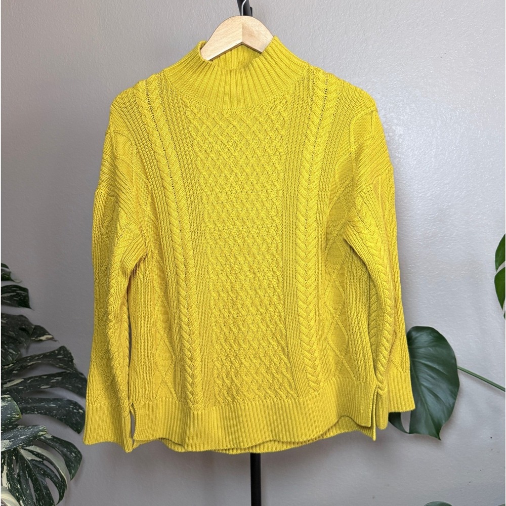 J.Crew Womens Yellow 100% Cotton Cable Knit Mock Neck Sweater Size M